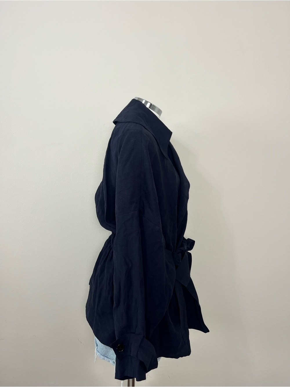 Zara ZW Collection Short Flowy Trench Coat Navy Blue Large NWT Belted Jacket - Picture 9 of 14